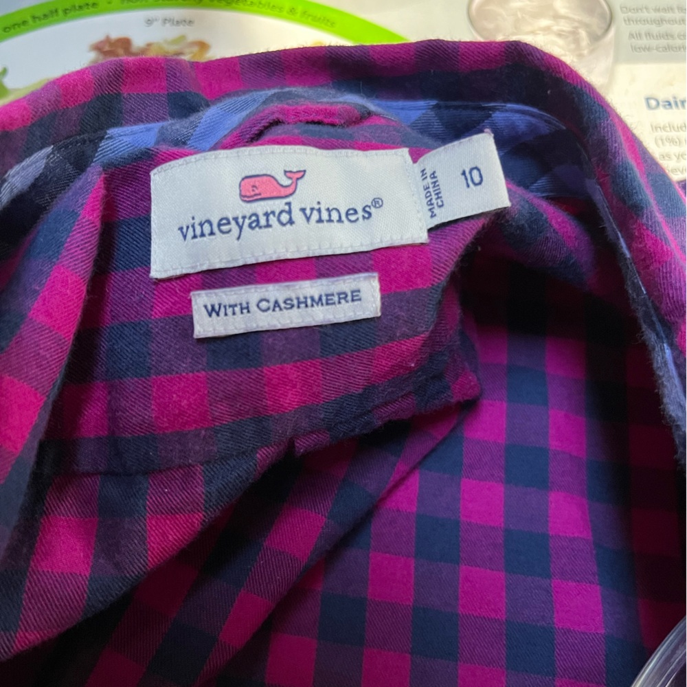 Vineyard Vines Fuchsia and Navy Plaid Cashmere Blend Shirt Sz 10 - Picture 4 of 5
